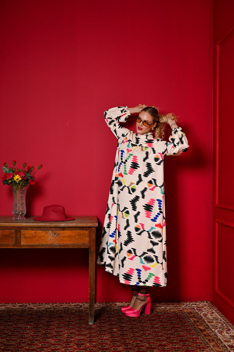 Miranda Dress Cream Aztek Prints Φούτερ Φόρεμα με Ζώνη Petit Boutik