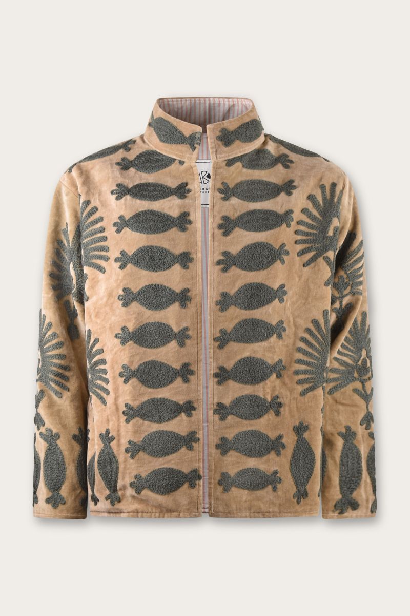 Embroidered Velvet Jacket – Sand with Graphic Suzani Embroidery