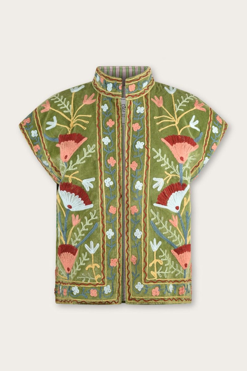 Hand-Embroidered Velvet Bodywarmer – Green