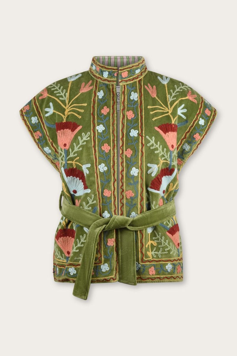 Hand-Embroidered Velvet Bodywarmer – Green
