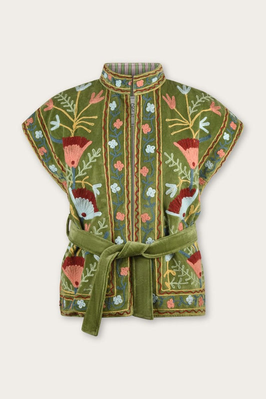 Hand-Embroidered Velvet Bodywarmer – Green