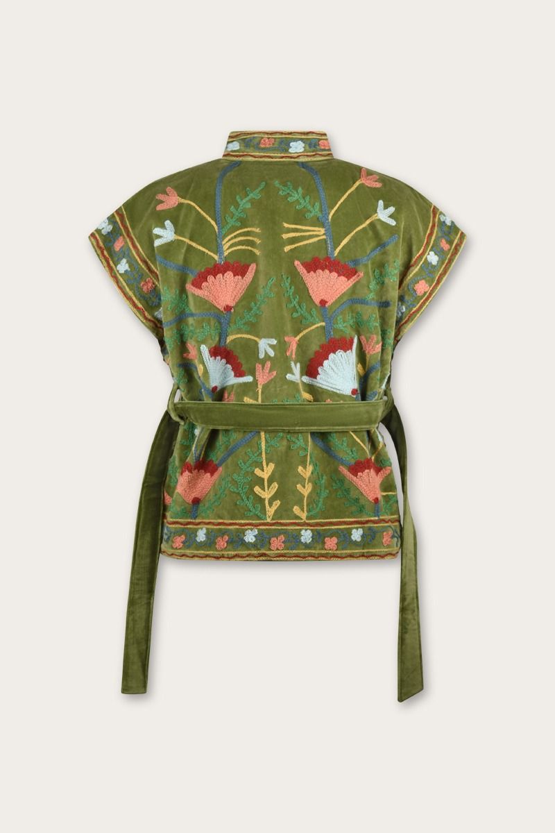 Hand-Embroidered Velvet Bodywarmer – Green