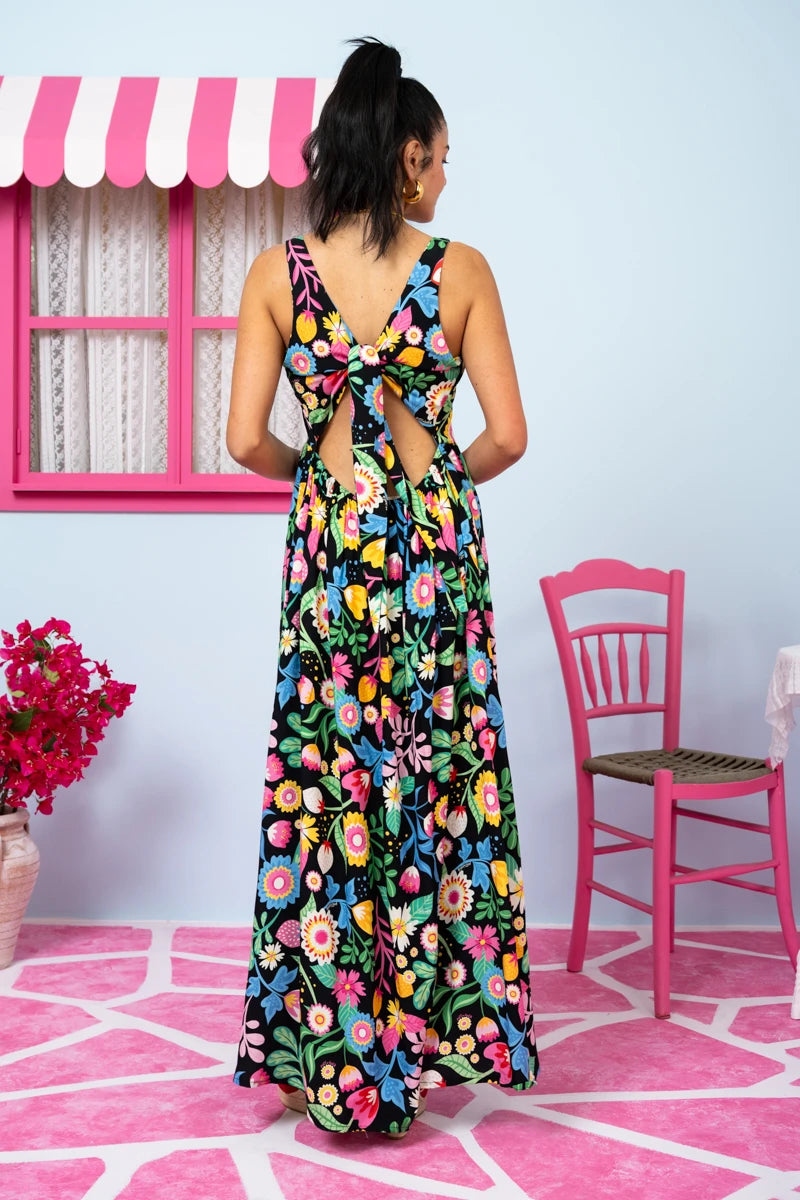 Naya Dress Vis Black Strawberries Forest Εξώπλατο Με Δέσιμο Τιραντέ Φόρεμα & Τσέπες Petit Boutik