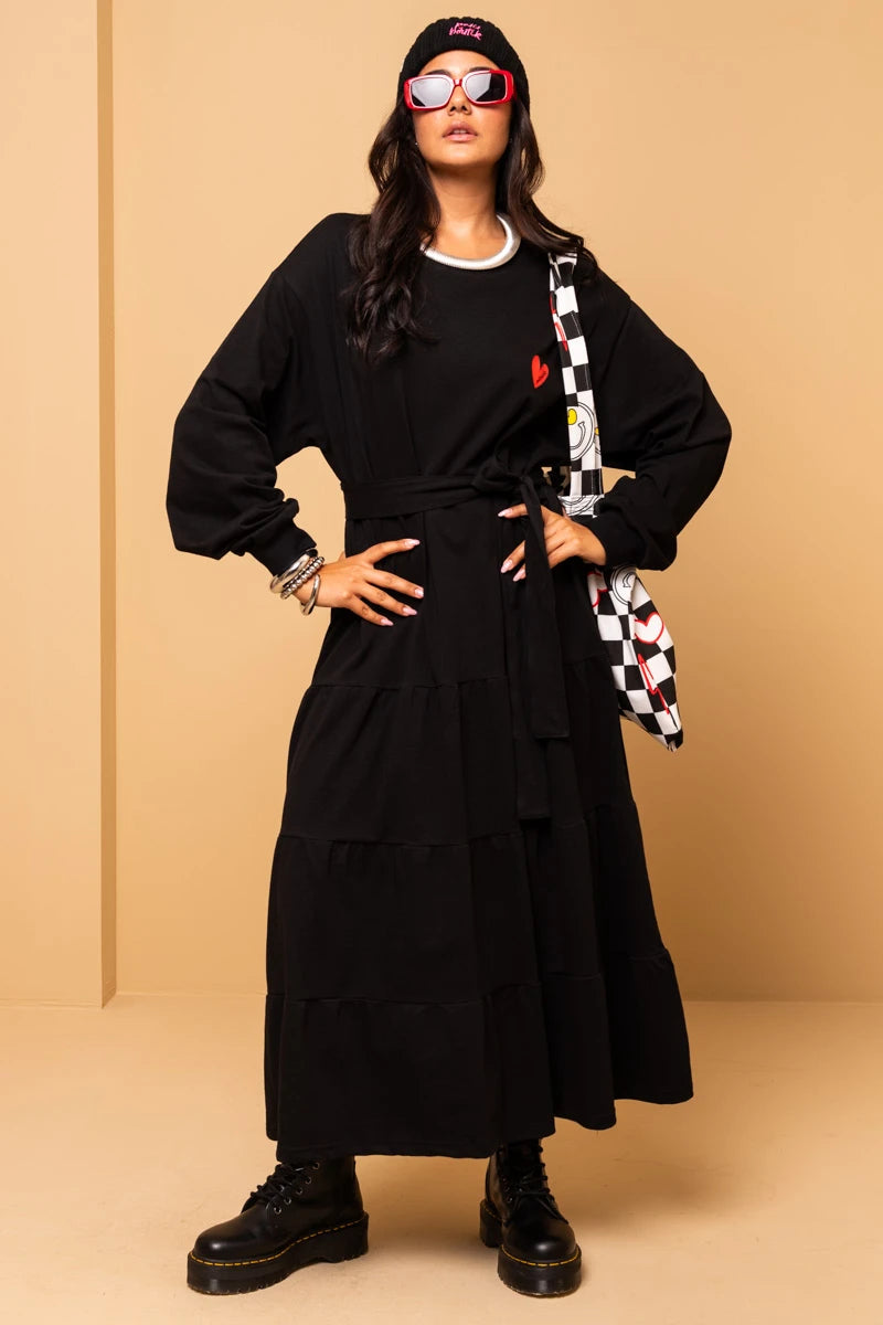 Noelia Frill Dress Follow Your Heart Μαύρο Φούτερ Φόρεμα με Ζώνη Petit Boutik