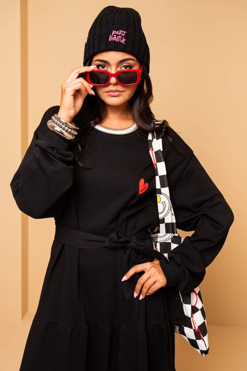 Noelia Frill Dress Follow Your Heart Μαύρο Φούτερ Φόρεμα με Ζώνη Petit Boutik