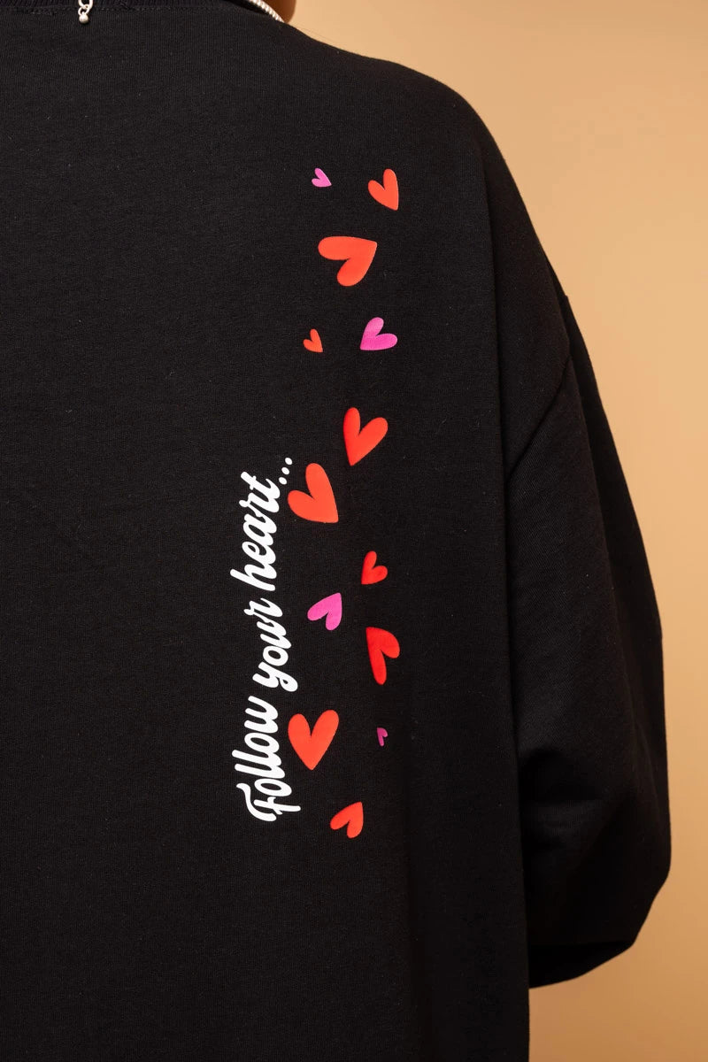 Noelia Frill Dress Follow Your Heart Μαύρο Φούτερ Φόρεμα με Ζώνη Petit Boutik