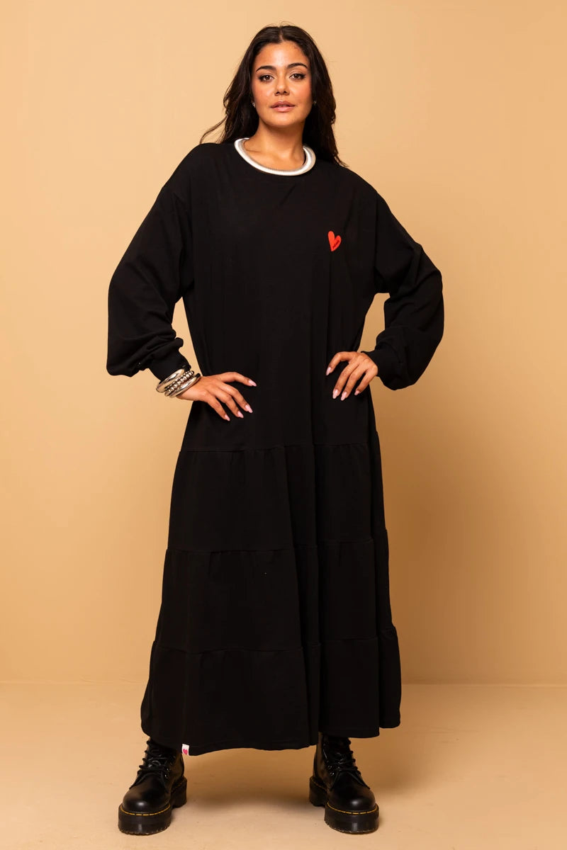 Noelia Frill Dress Follow Your Heart Μαύρο Φούτερ Φόρεμα με Ζώνη Petit Boutik