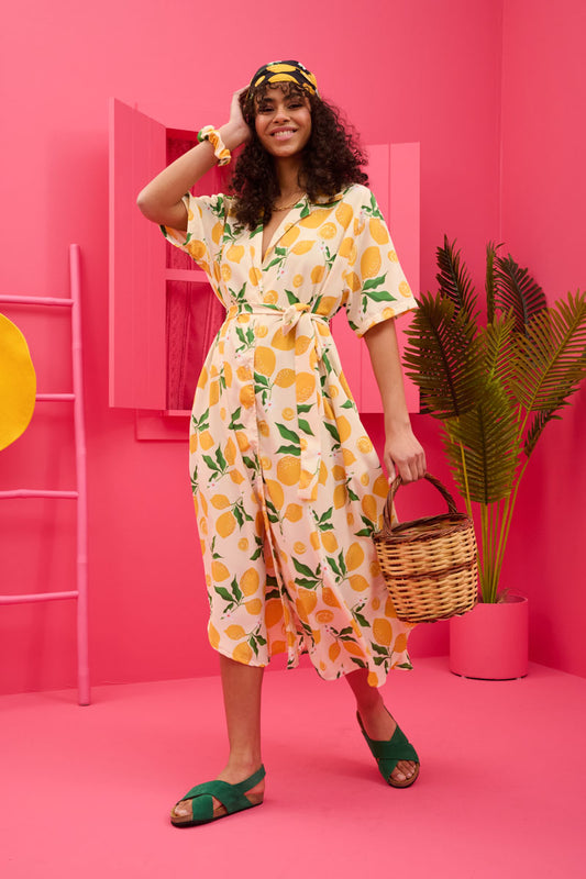 Olia Shirt Dress Cream Lemons Σεμιζιέ Φόρεμα με Ζώνη & Τσέπες Petit Boutik