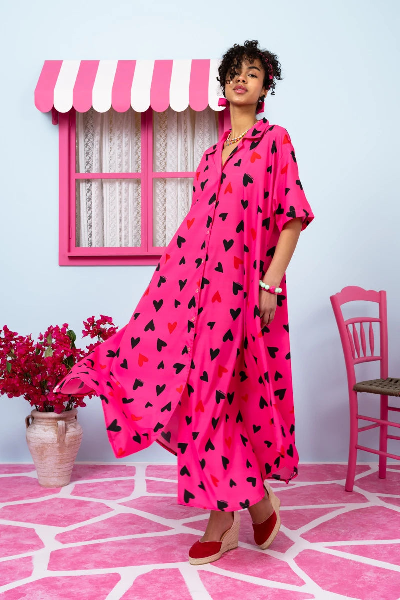 Olia Shirt Dress Hot Pink Hearts Σεμιζιέ Φόρεμα με Ζώνη & Τσέπες Petit Boutik