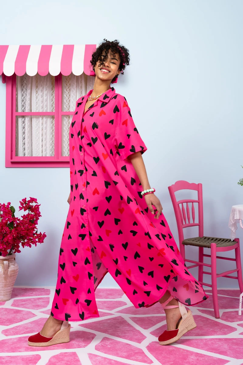 Olia Shirt Dress Hot Pink Hearts Σεμιζιέ Φόρεμα με Ζώνη & Τσέπες Petit Boutik