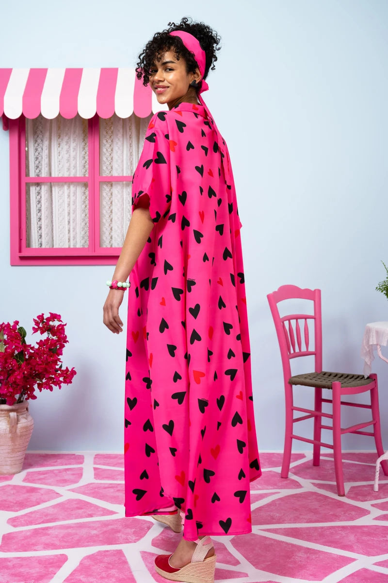 Olia Shirt Dress Hot Pink Hearts Σεμιζιέ Φόρεμα με Ζώνη & Τσέπες Petit Boutik