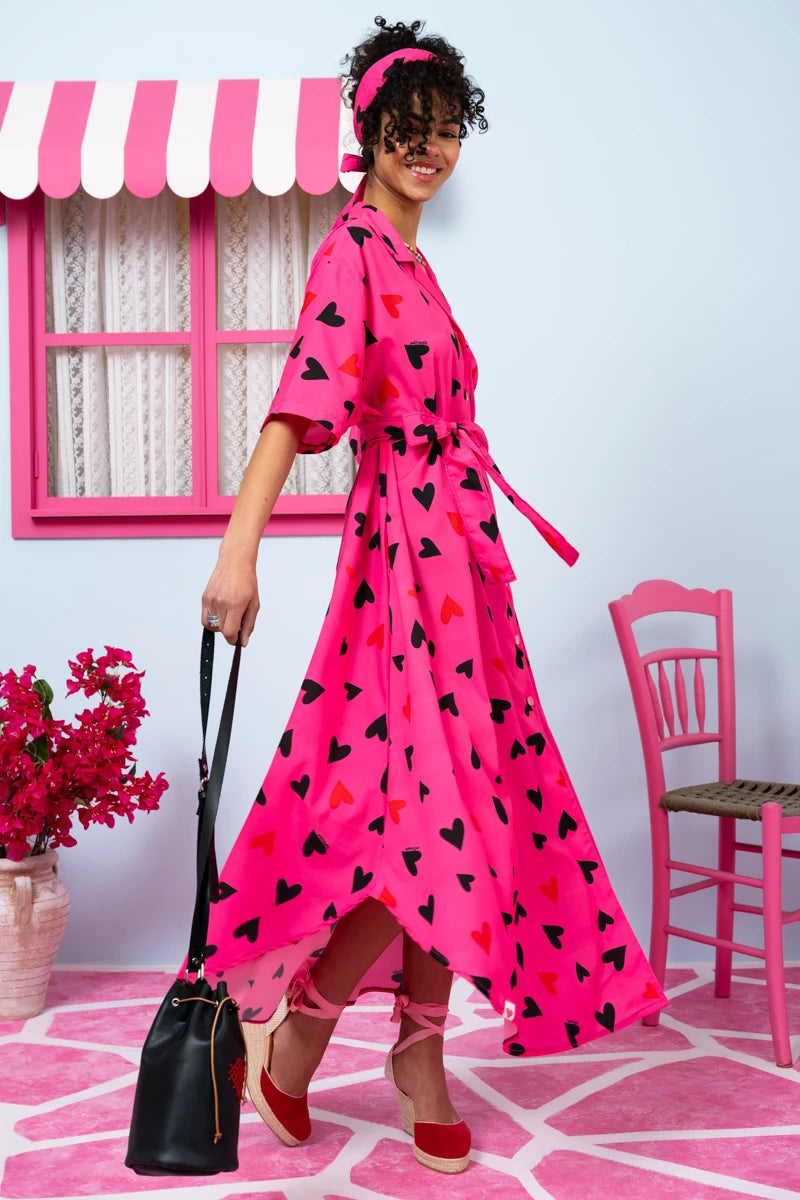 Olia Shirt Dress Hot Pink Hearts Σεμιζιέ Φόρεμα με Ζώνη & Τσέπες Petit Boutik
