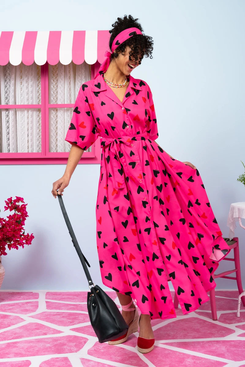 Olia Shirt Dress Hot Pink Hearts Σεμιζιέ Φόρεμα με Ζώνη & Τσέπες Petit Boutik