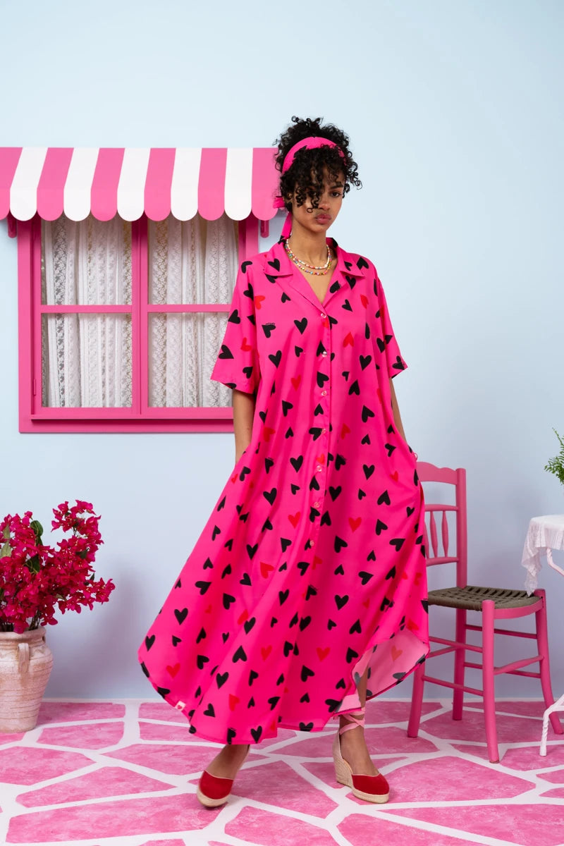 Olia Shirt Dress Hot Pink Hearts Σεμιζιέ Φόρεμα με Ζώνη & Τσέπες Petit Boutik