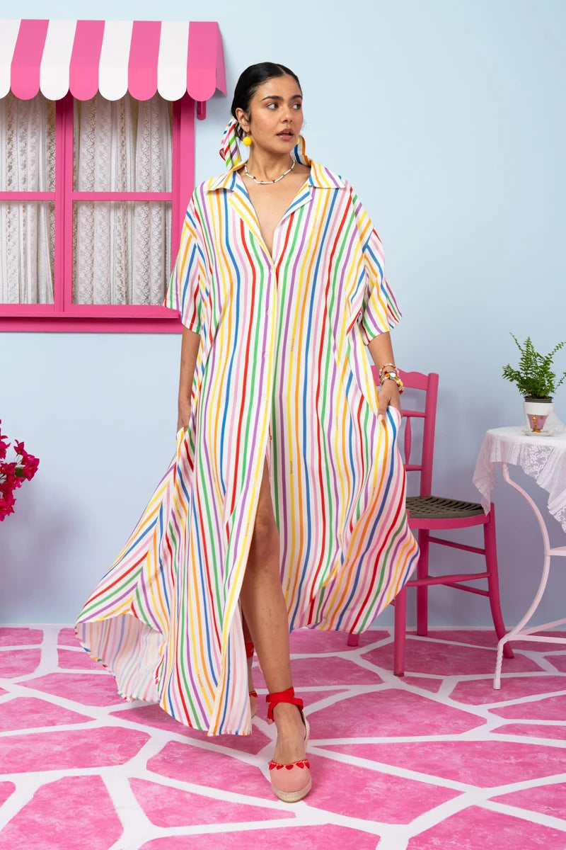 Olia Shirt Dress Vis Multi Stripes Rainbow Σεμιζιέ Φόρεμα με Ζώνη & Τσέπες Petit Boutik