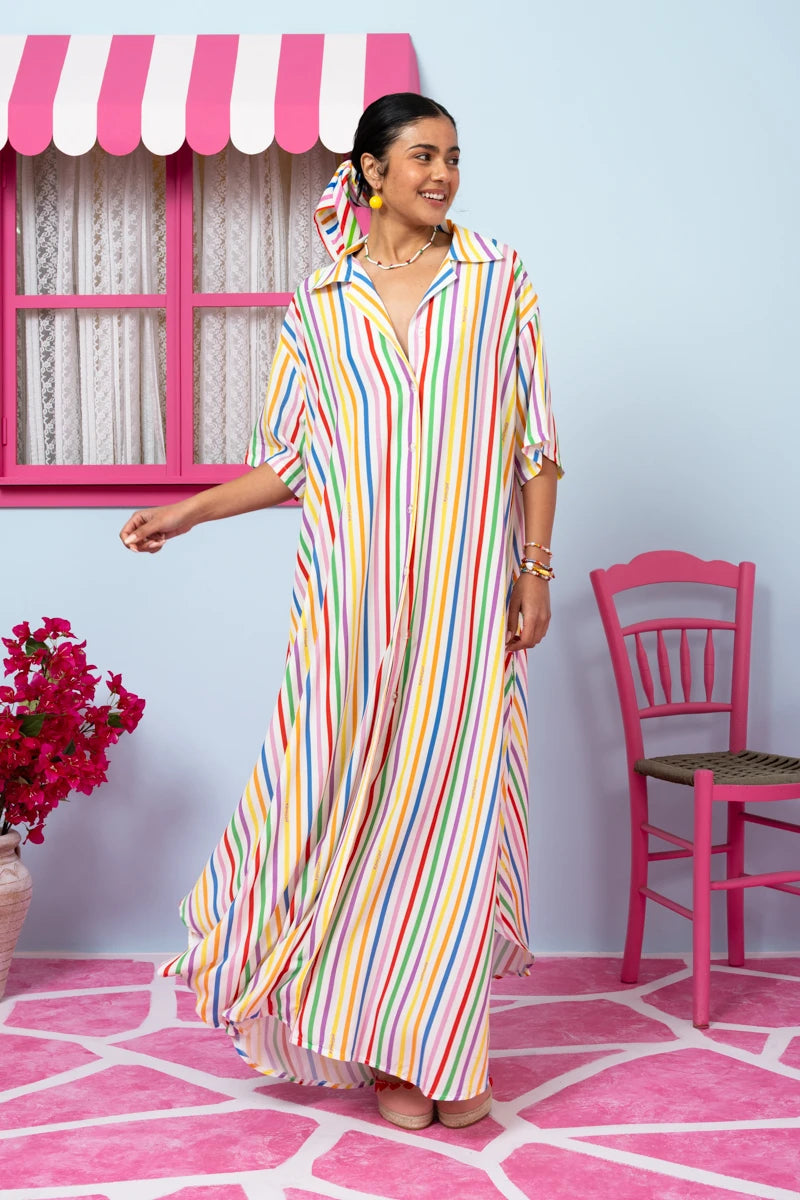 Olia Shirt Dress Vis Multi Stripes Rainbow Σεμιζιέ Φόρεμα με Ζώνη & Τσέπες Petit Boutik