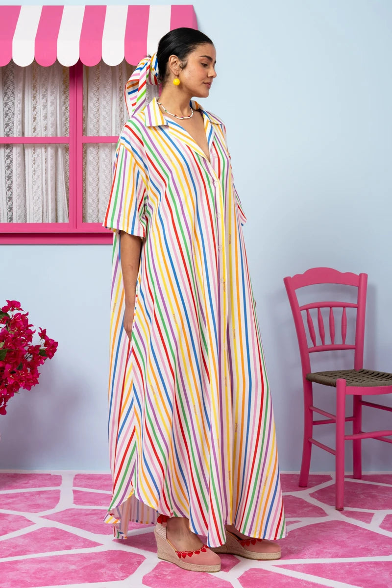 Olia Shirt Dress Vis Multi Stripes Rainbow Σεμιζιέ Φόρεμα με Ζώνη & Τσέπες Petit Boutik