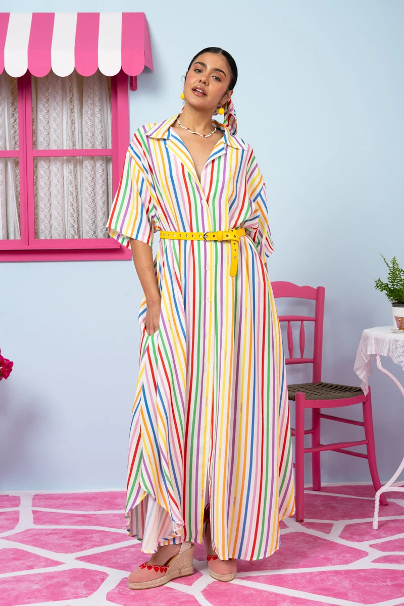 Olia Shirt Dress Vis Multi Stripes Rainbow Σεμιζιέ Φόρεμα με Ζώνη & Τσέπες Petit Boutik