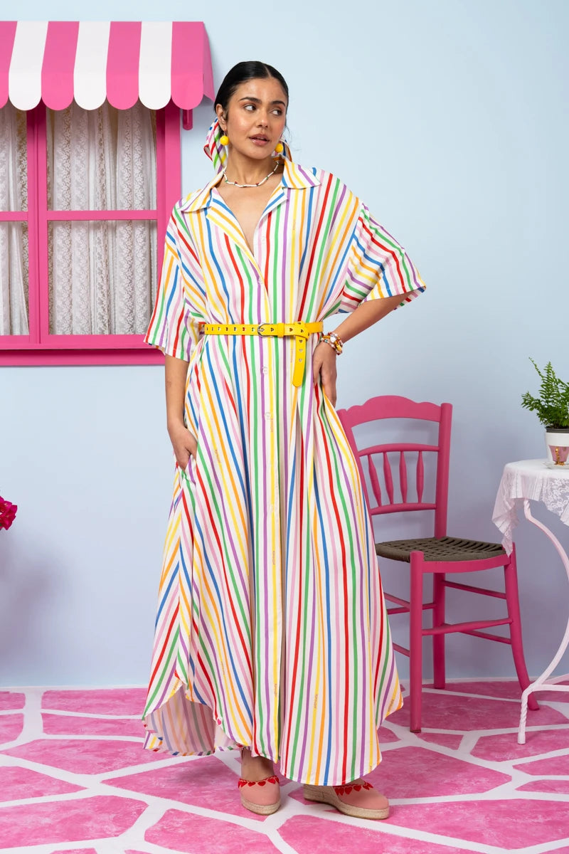 Olia Shirt Dress Vis Multi Stripes Rainbow Σεμιζιέ Φόρεμα με Ζώνη & Τσέπες Petit Boutik