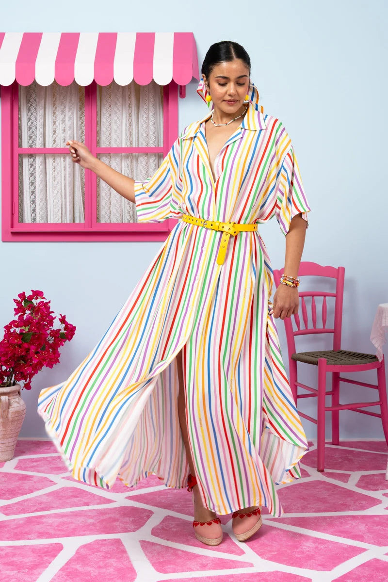Olia Shirt Dress Vis Multi Stripes Rainbow Σεμιζιέ Φόρεμα με Ζώνη & Τσέπες Petit Boutik