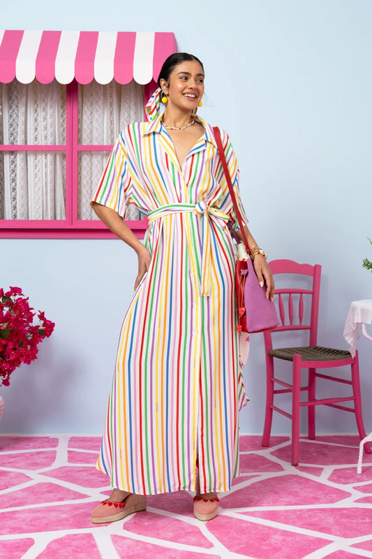 Olia Shirt Dress Vis Multi Stripes Rainbow Σεμιζιέ Φόρεμα με Ζώνη & Τσέπες Petit Boutik