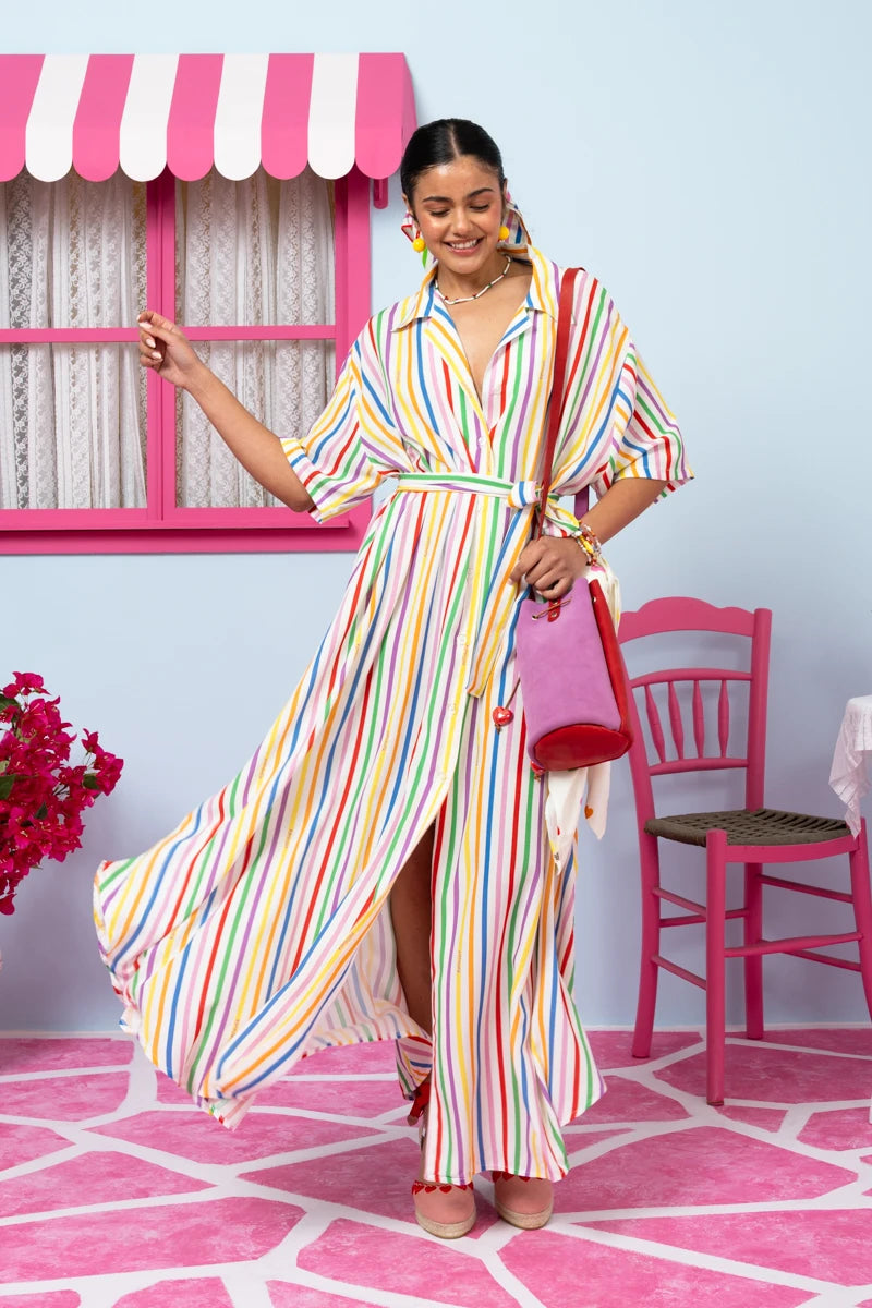 Olia Shirt Dress Vis Multi Stripes Rainbow Σεμιζιέ Φόρεμα με Ζώνη & Τσέπες Petit Boutik