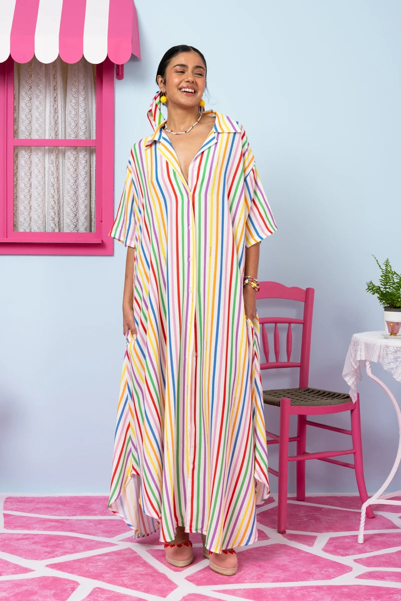 Olia Shirt Dress Vis Multi Stripes Rainbow Σεμιζιέ Φόρεμα με Ζώνη & Τσέπες Petit Boutik