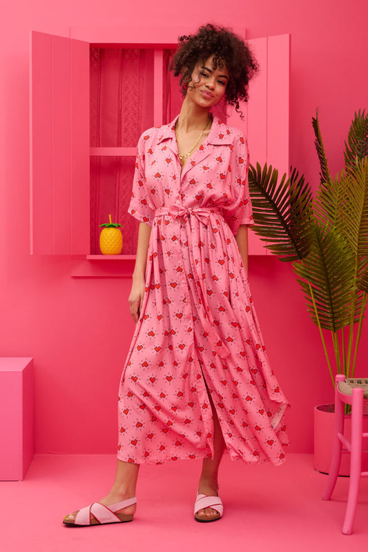 Olia Shirt Dress Vis Pink Hearts Pixel Σεμιζιέ Φόρεμα με Ζώνη & Τσέπες Petit Boutik