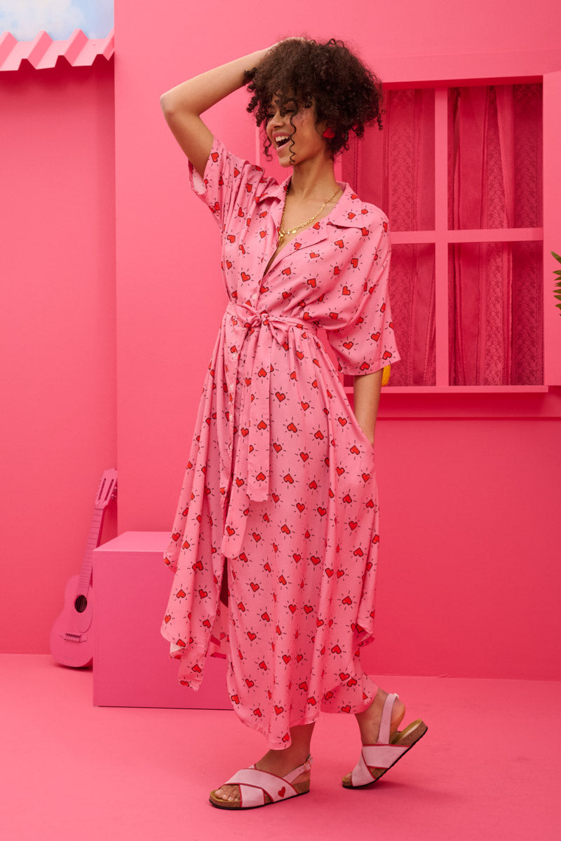 Olia Shirt Dress Vis Pink Hearts Pixel Σεμιζιέ Φόρεμα με Ζώνη & Τσέπες Petit Boutik