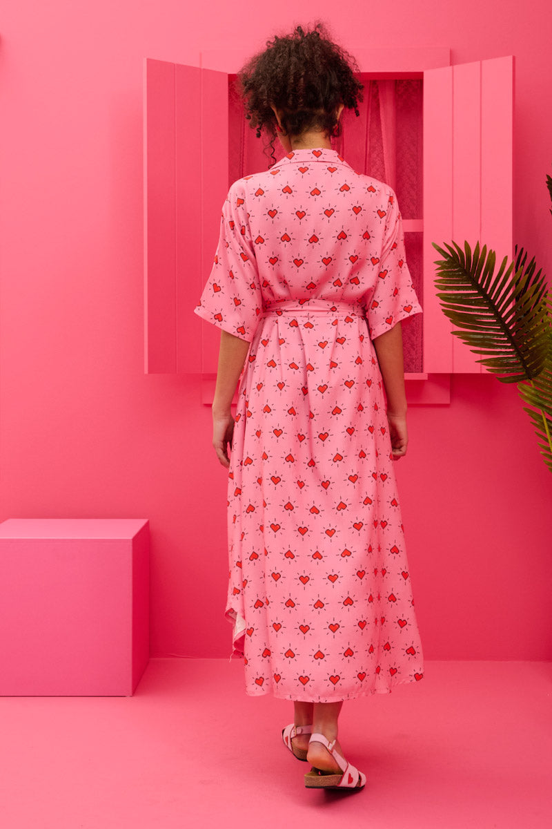 Olia Shirt Dress Vis Pink Hearts Pixel Σεμιζιέ Φόρεμα με Ζώνη & Τσέπες Petit Boutik