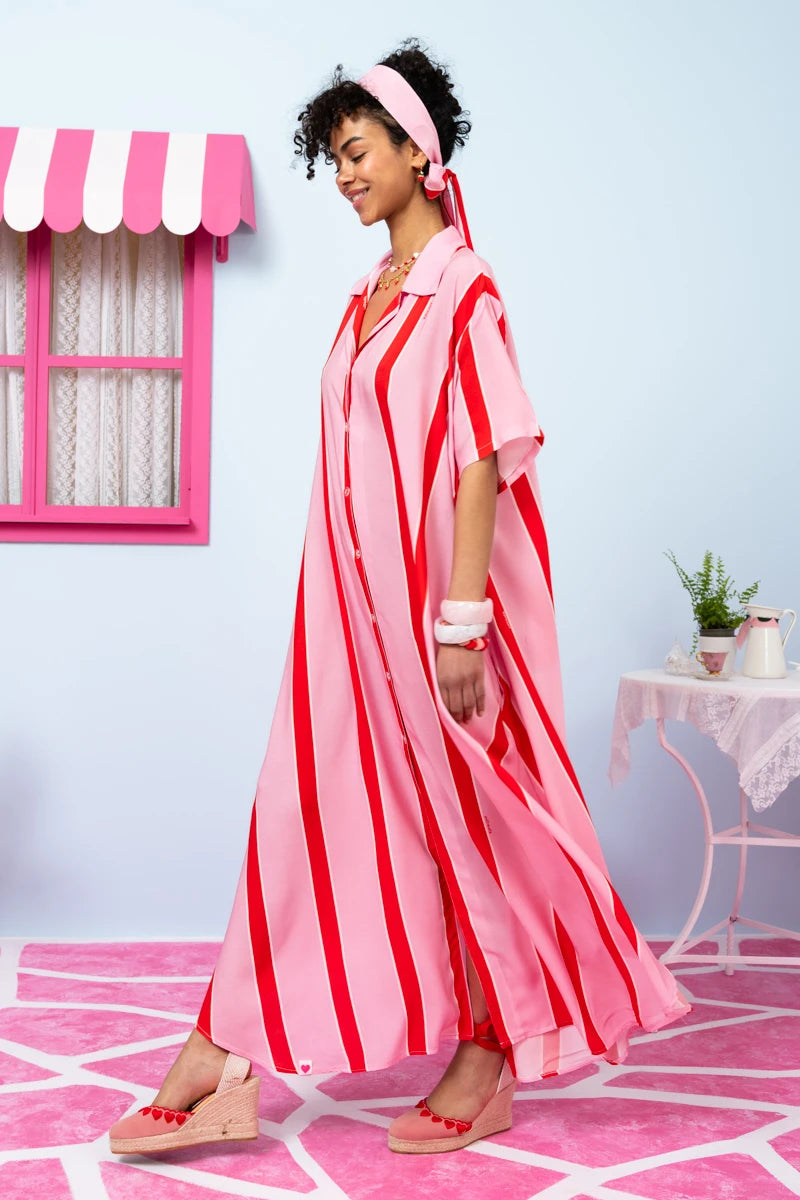Olia Shirt Dress Vis Pink Red Triple Stripes Σεμιζιέ Φόρεμα με Ζώνη & Τσέπες Petit Boutik
