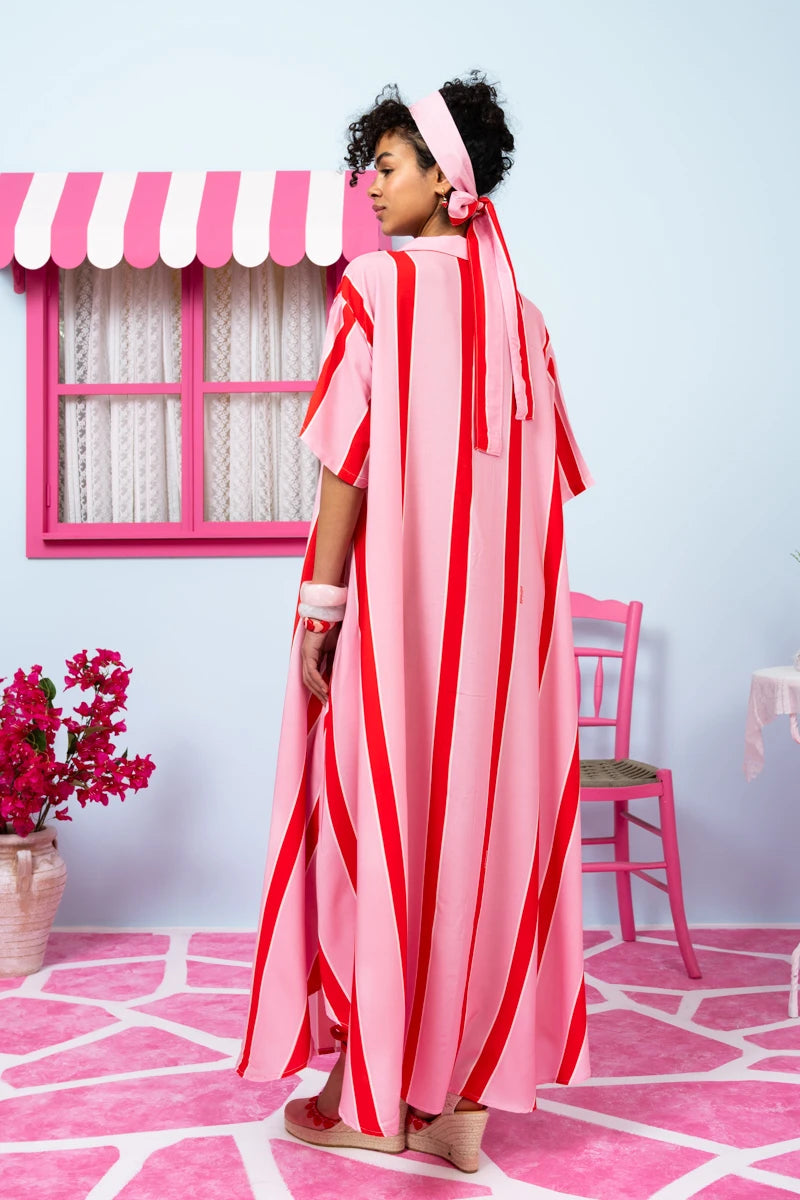 Olia Shirt Dress Vis Pink Red Triple Stripes Σεμιζιέ Φόρεμα με Ζώνη & Τσέπες Petit Boutik