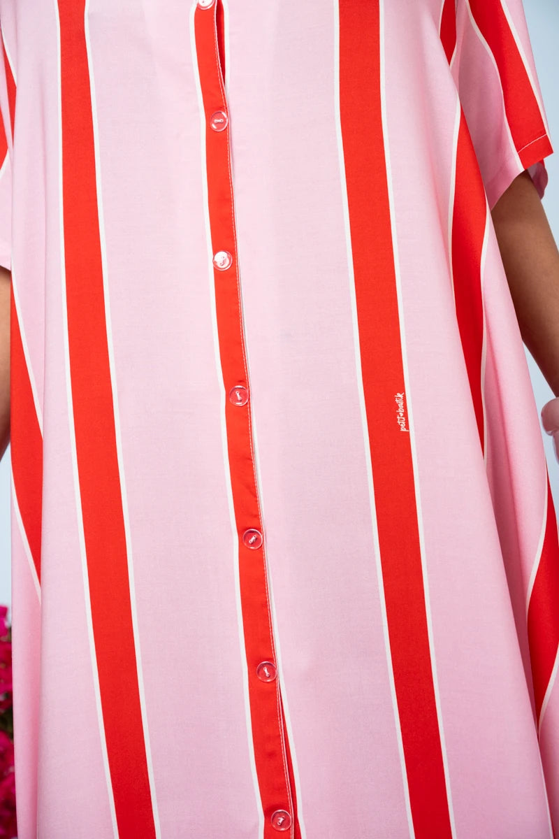 Olia Shirt Dress Vis Pink Red Triple Stripes Σεμιζιέ Φόρεμα με Ζώνη & Τσέπες Petit Boutik