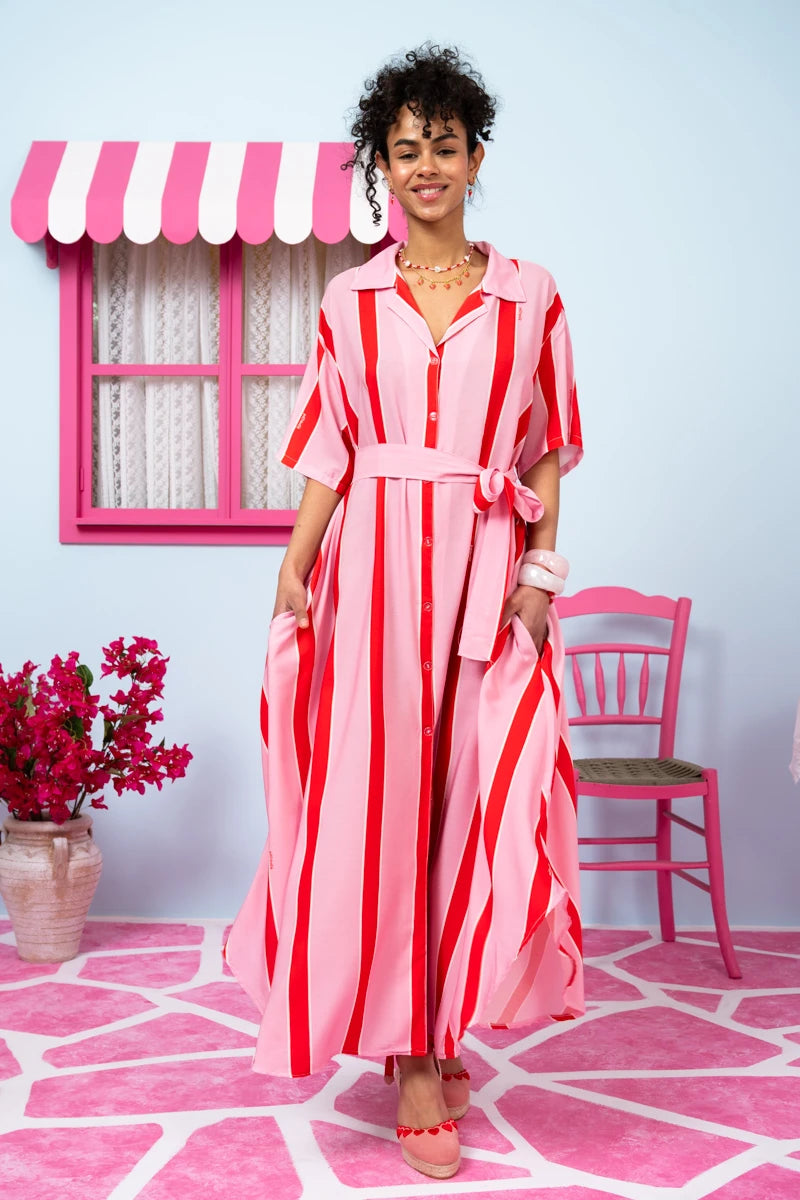 Olia Shirt Dress Vis Pink Red Triple Stripes Σεμιζιέ Φόρεμα με Ζώνη & Τσέπες Petit Boutik