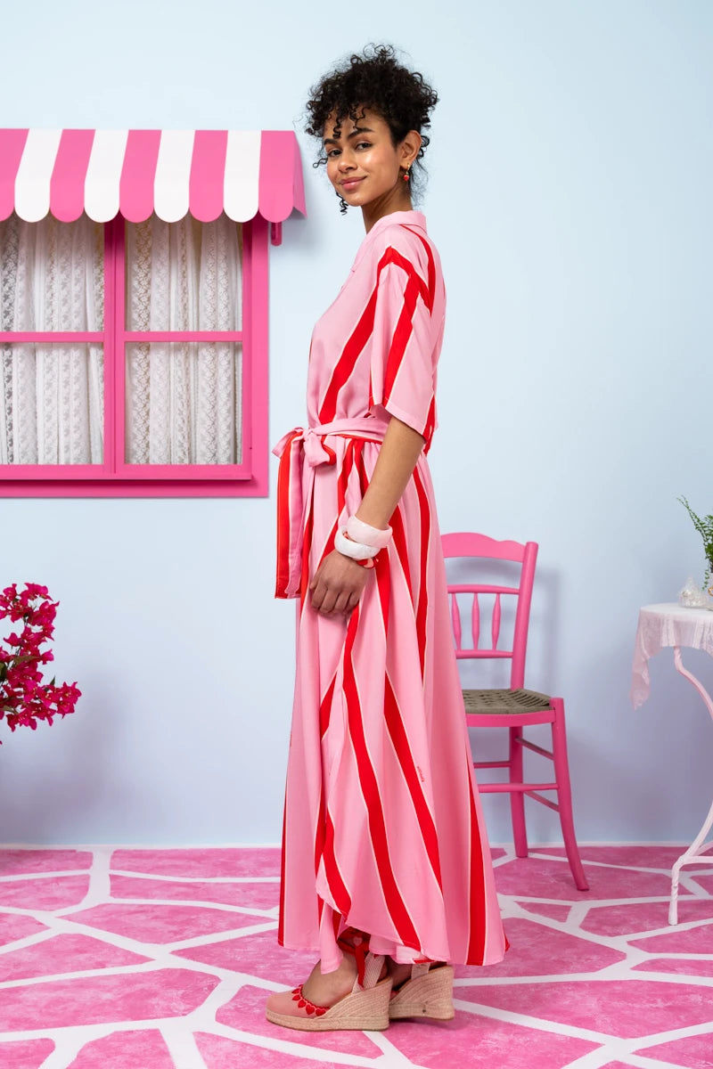 Olia Shirt Dress Vis Pink Red Triple Stripes Σεμιζιέ Φόρεμα με Ζώνη & Τσέπες Petit Boutik