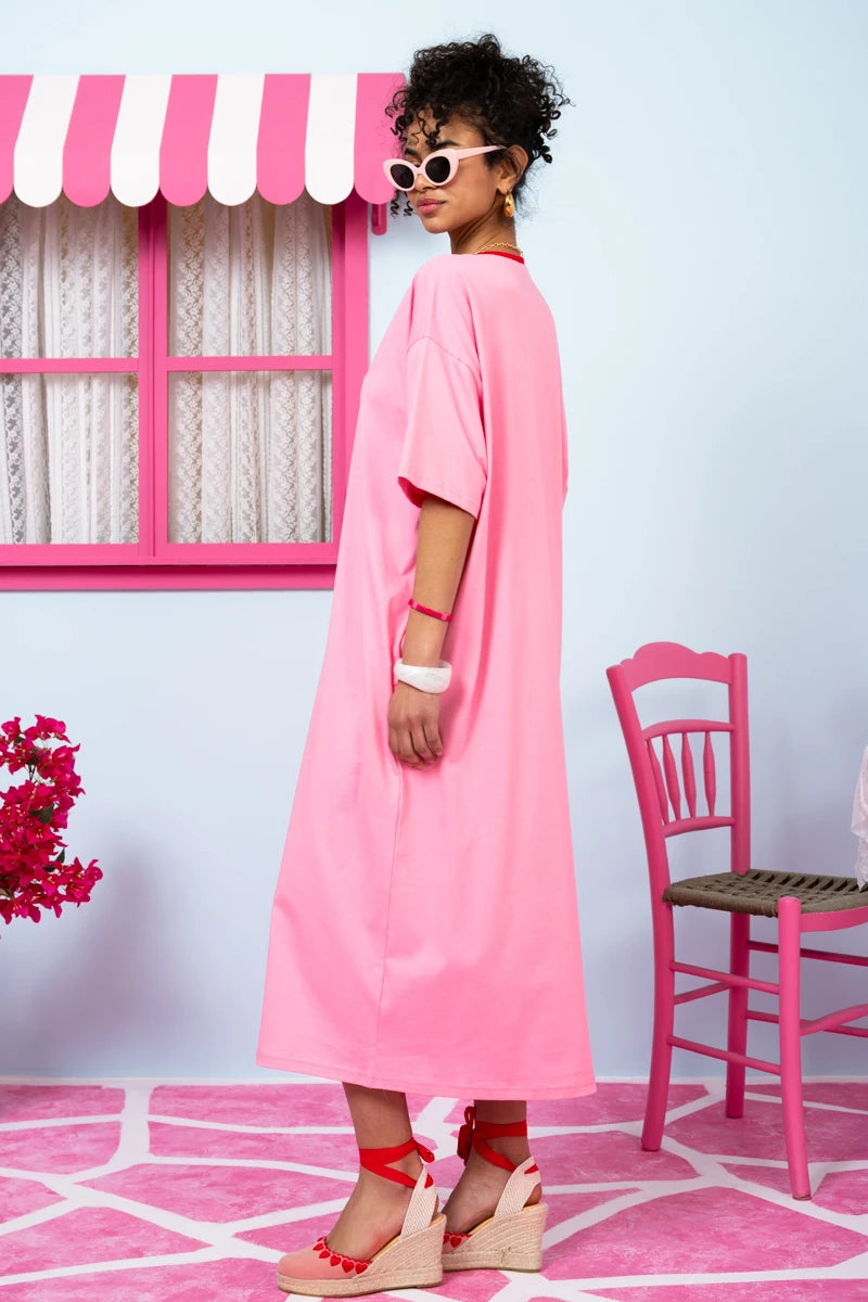 Reina T-shirt Dress “Είσαι Μοναδική” Ροζ Κοντομάνικο Φόρεμα με Τσέπες & Ζώνη Petit Boutik