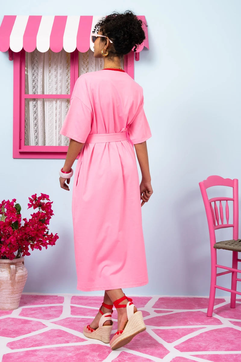 Reina T-shirt Dress “Είσαι Μοναδική” Ροζ Κοντομάνικο Φόρεμα με Τσέπες & Ζώνη Petit Boutik