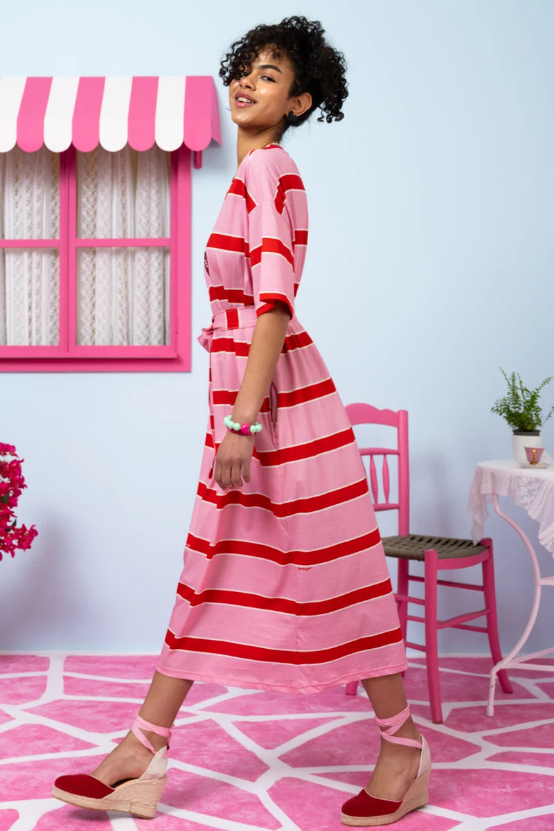 Reina T-shirt Dress Red Pink Stripes Με Κέντημα Καρδιά Κοντομάνικο Φόρεμα με Τσέπες & Ζώνη Petit Boutik