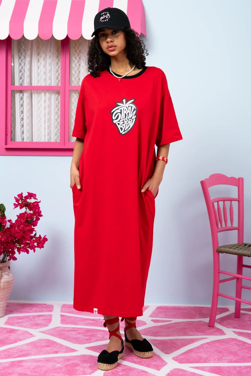 Reina T-shirt Dress “Strawberry” Κόκκινο Κοντομάνικο Φόρεμα με Τσέπες & Ζώνη Petit Boutik