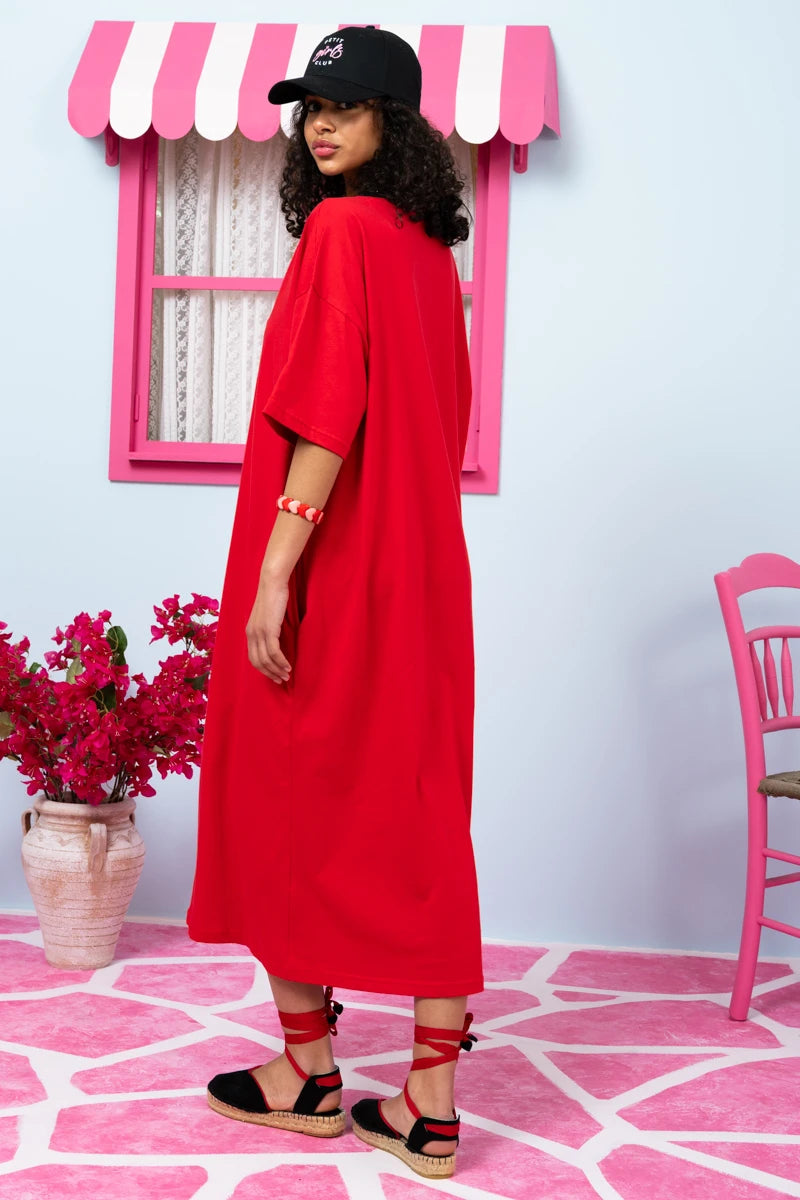 Reina T-shirt Dress “Strawberry” Κόκκινο Κοντομάνικο Φόρεμα με Τσέπες & Ζώνη Petit Boutik