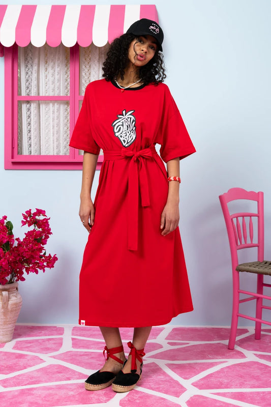 Reina T-shirt Dress “Strawberry” Κόκκινο Κοντομάνικο Φόρεμα με Τσέπες & Ζώνη Petit Boutik