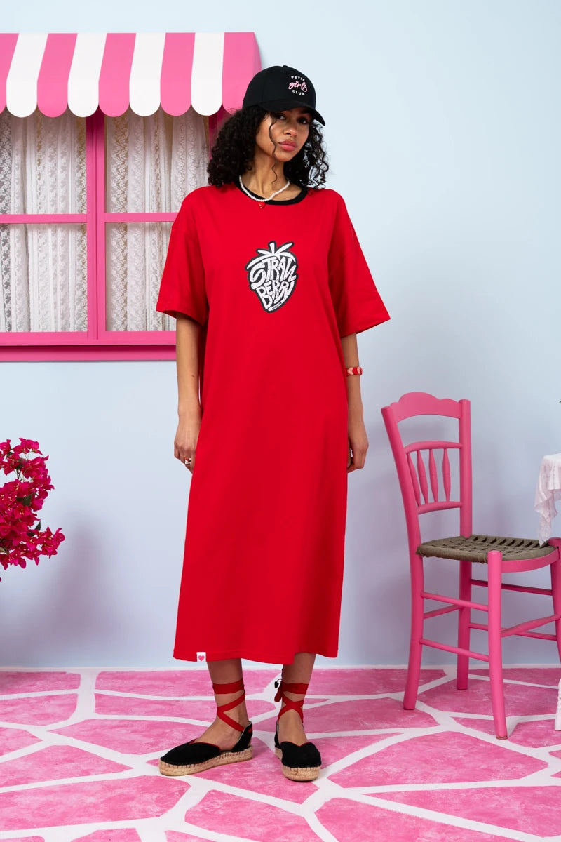 Reina T-shirt Dress “Strawberry” Κόκκινο Κοντομάνικο Φόρεμα με Τσέπες & Ζώνη Petit Boutik