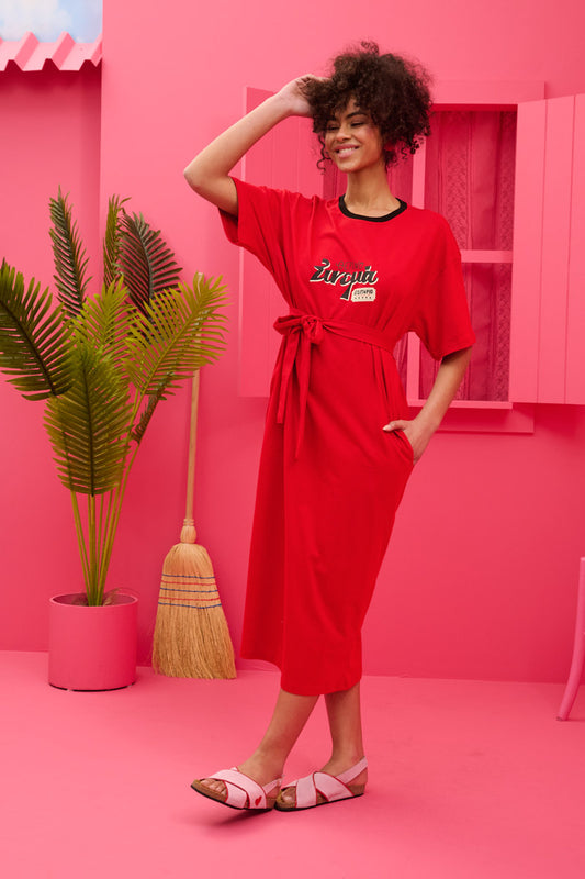 Reina T-shirt Dress “Θερινό Σινεμά” Κόκκινο Κοντομάνικο Φόρεμα με Τσέπες & Ζώνη Petit Boutik