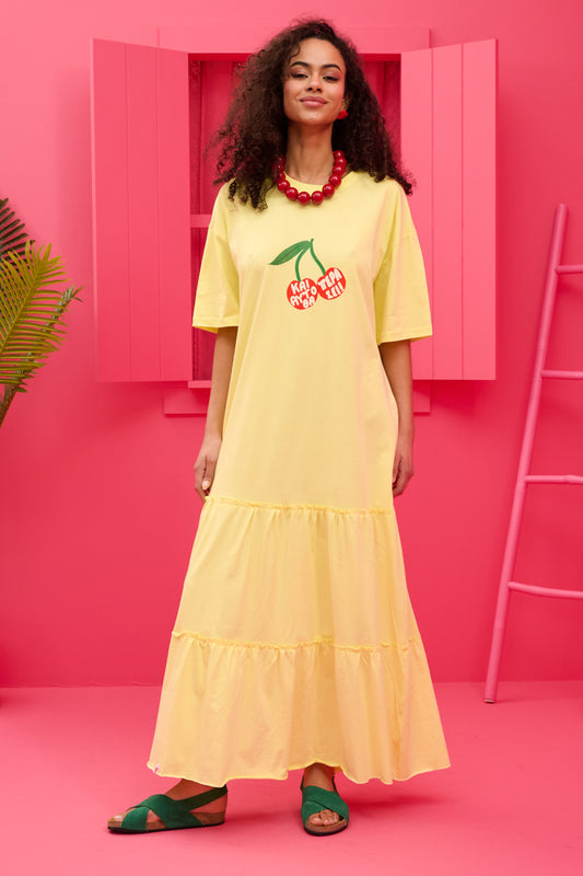 Rio T-shirt Frill Dress “Και Αυτό Θα Περάσει” Lime Κοντομάνικο Φόρεμα με Τσέπες & Ζώνη Petit Boutik