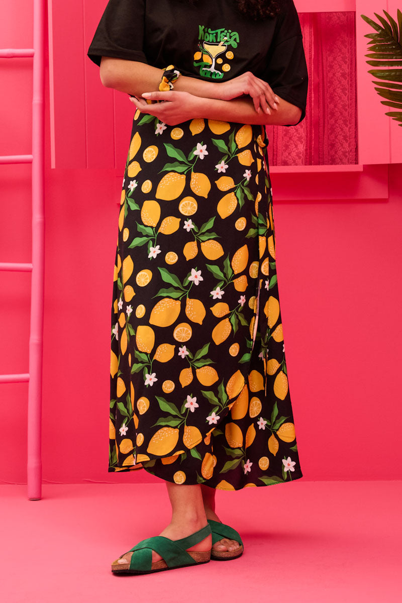 Silia Wrap Skirt Vis Black Lemons Δετή Φούστα Petit Boutik