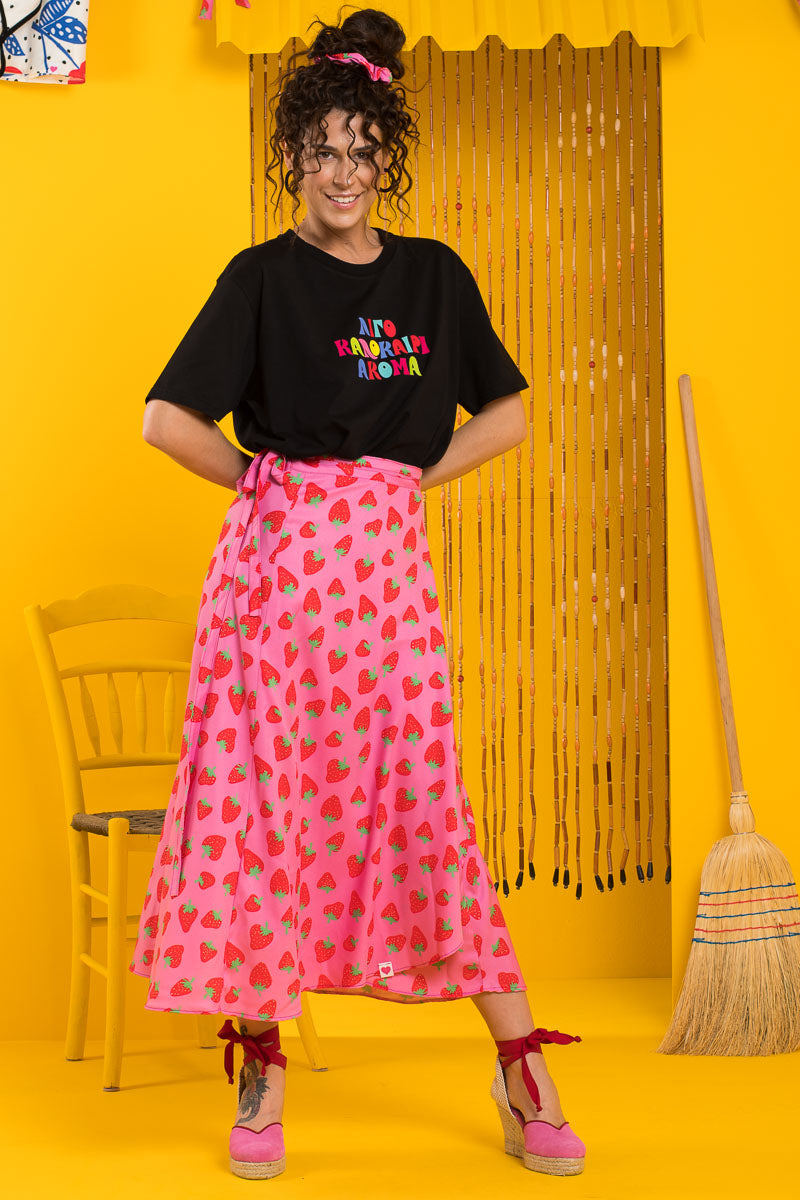 Silia Wrap Skirt Pink Red Strawberries Δετή Φούστα