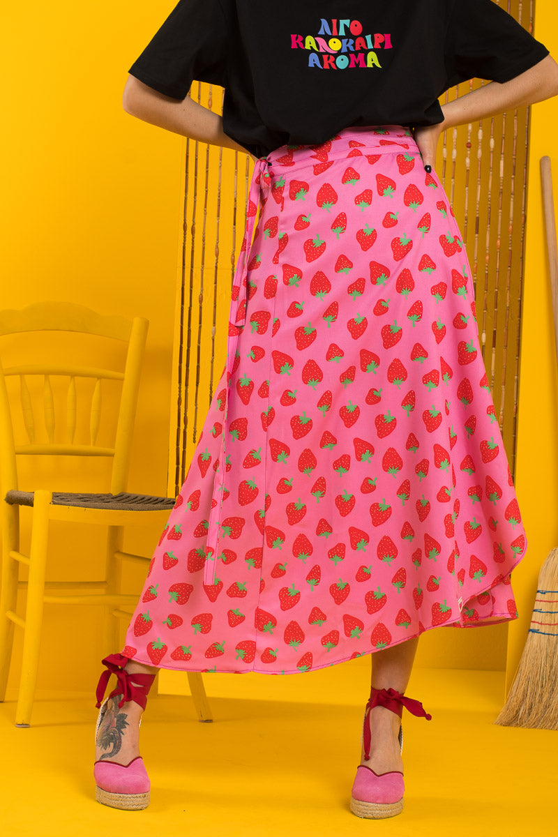 Silia Wrap Skirt Pink Red Strawberries Δετή Φούστα