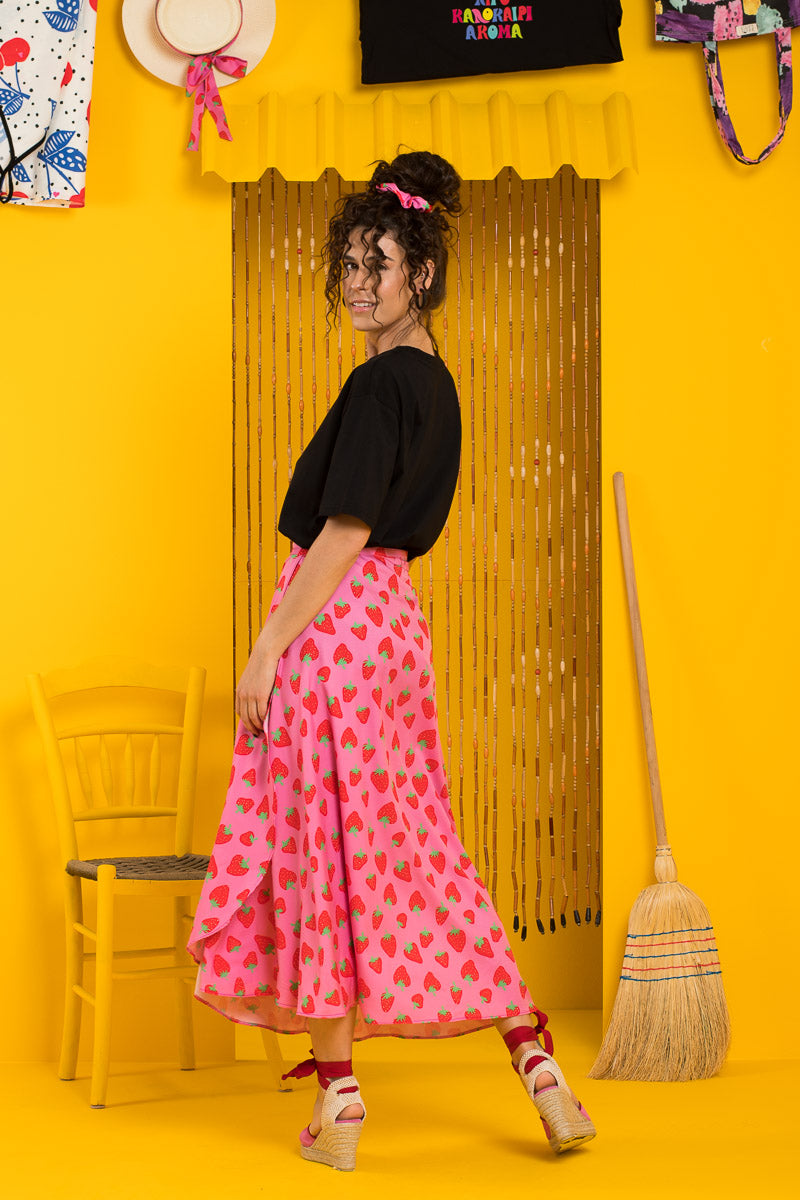 Silia Wrap Skirt Pink Red Strawberries Δετή Φούστα