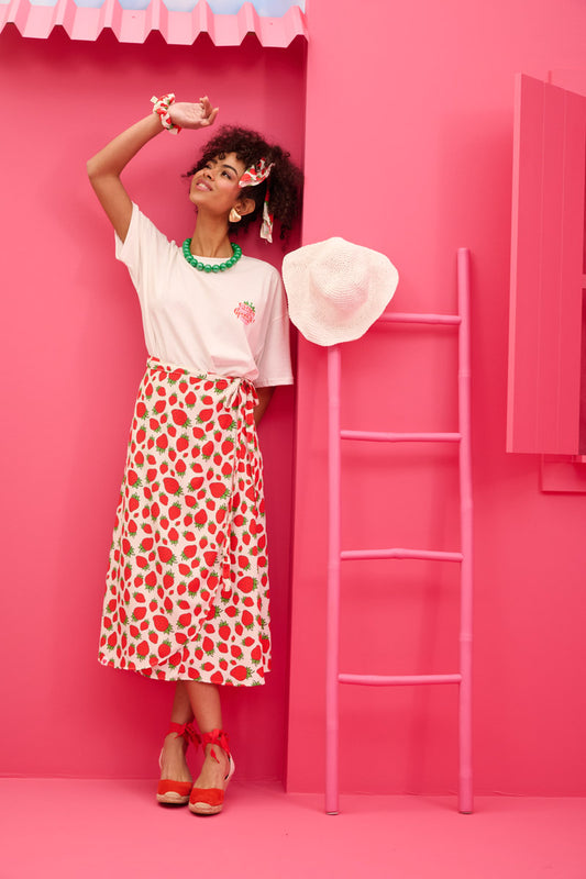Silia Wrap Skirt White Strawberries Δετή Φούστα Petit Boutik