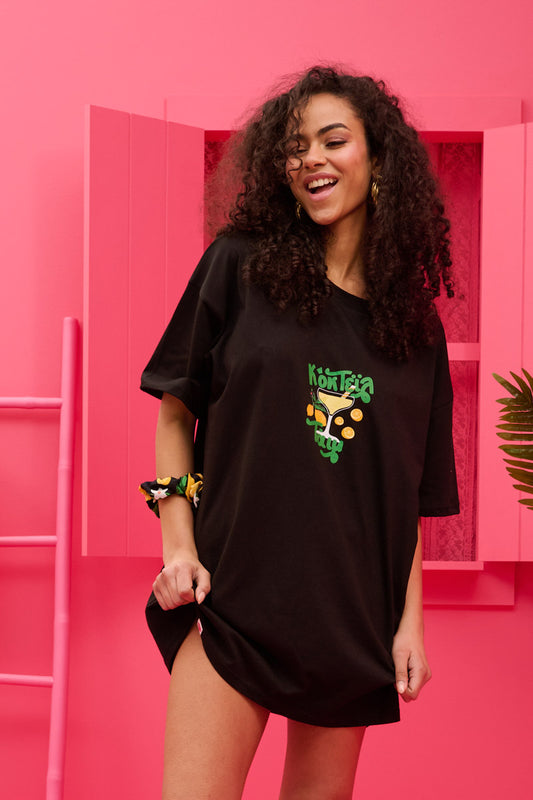 T-shirt Blouse “Cocktail Time” Μαύρο Κοντομάνικο Μπλουζάκι Petit Boutik